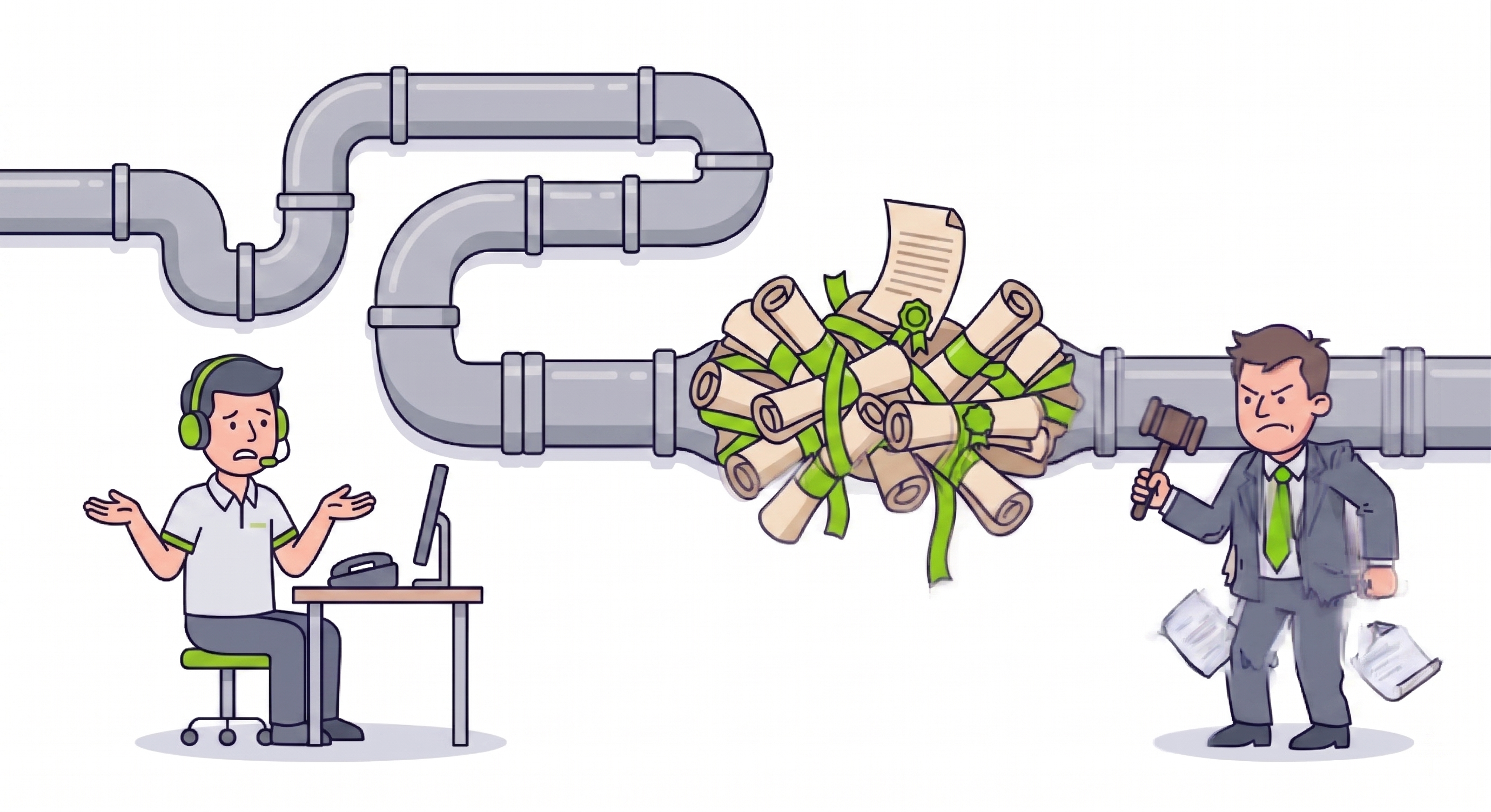 Illustration of a complex pipeline blocked by legal papers and tape