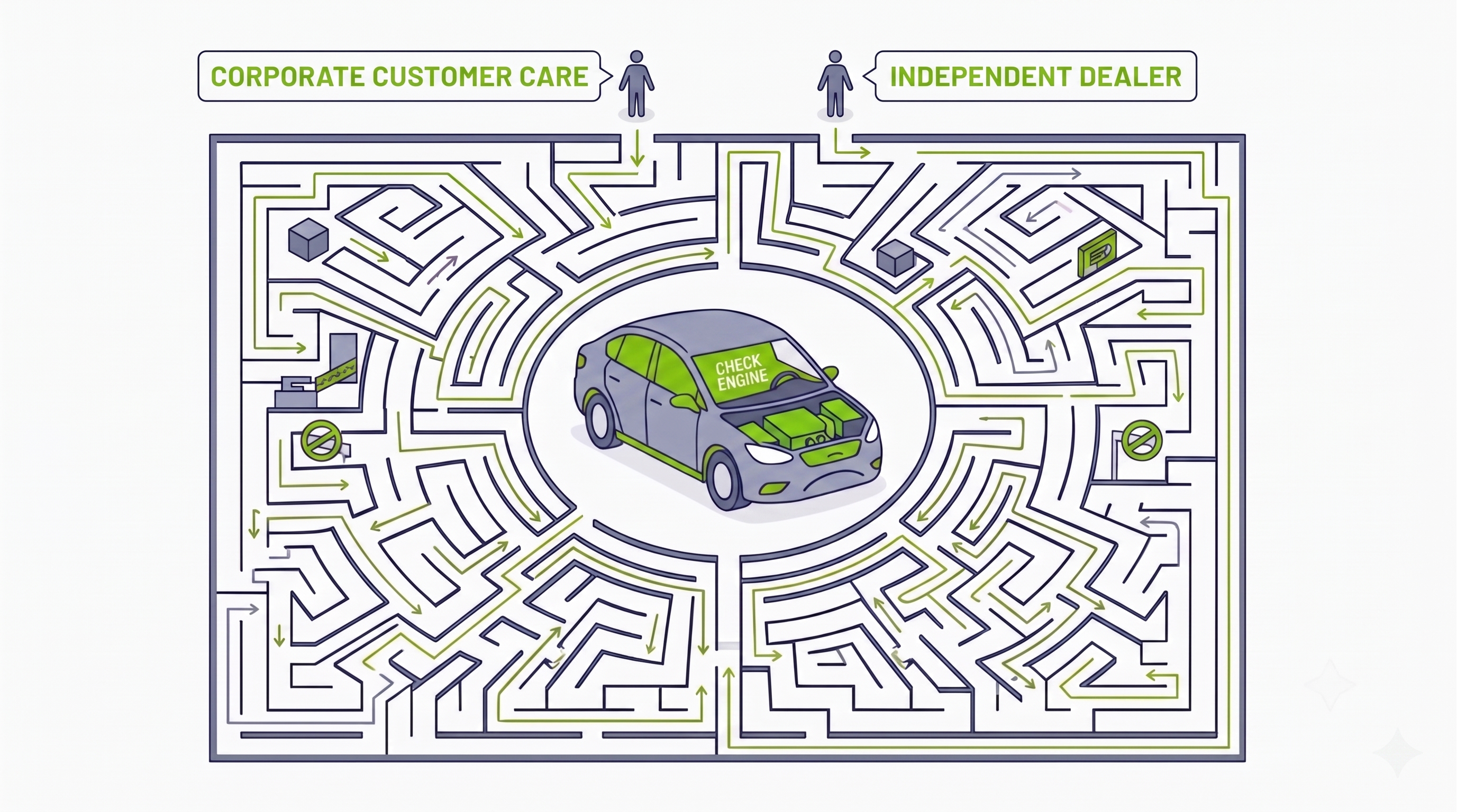 Diagram showing user trapped in a loop between Corporate Customer Care and Independent Dealers