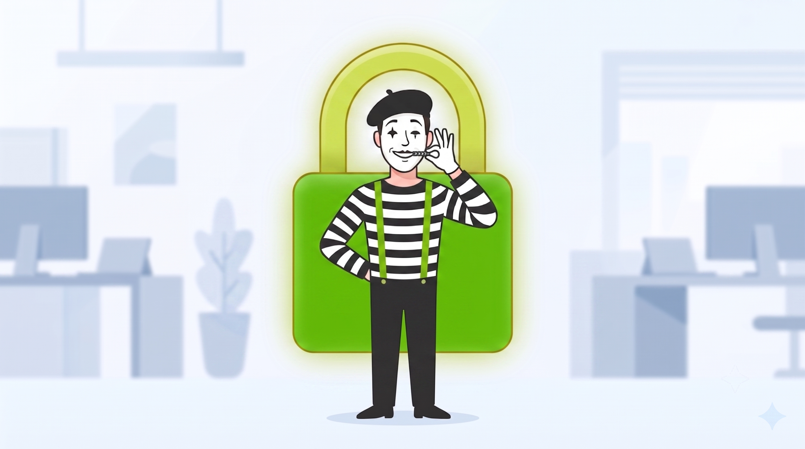 Mime standing guard with a lime padlock
