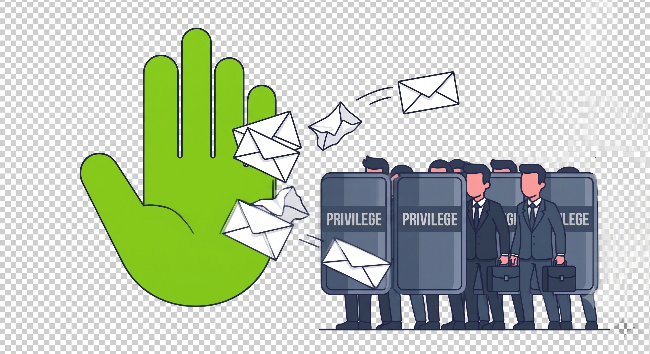 Illustration of a pink hand stopping communications from reaching lawyers behind riot shields