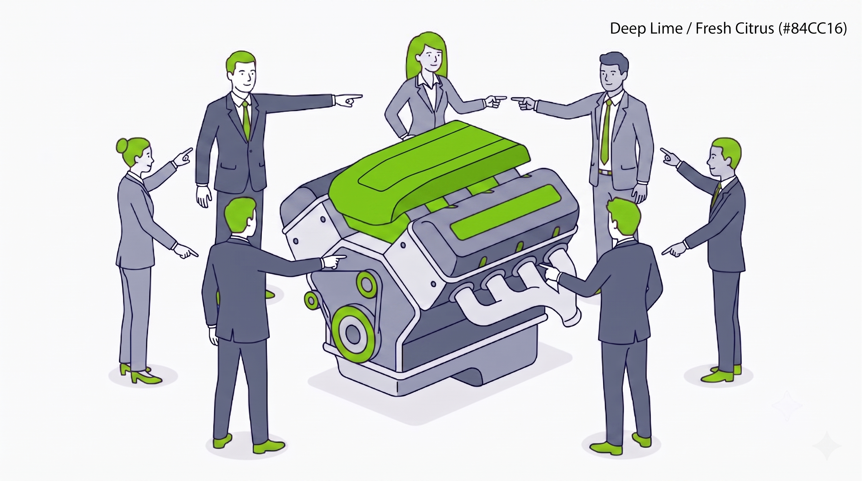 Illustration of corporate people in suits pointing fingers in a circle around an untouchable car engine